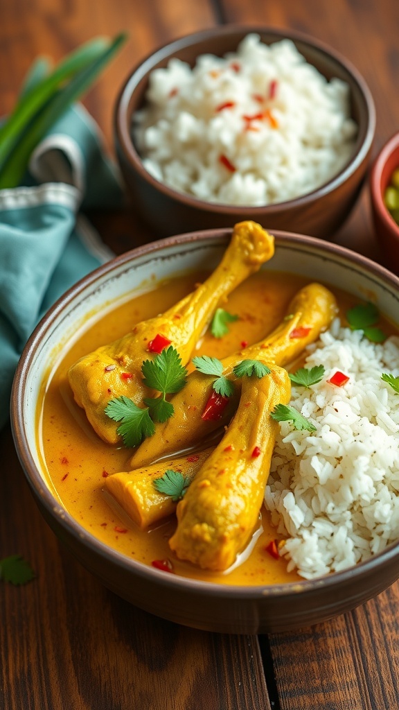A bowl of moringa drumsticks curry with coconut milk, garnished with coriander, served with rice.